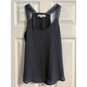 LOFT Steel Gray V-Neck Tank Top Crochet Lace Straps Crepe Blouse XS